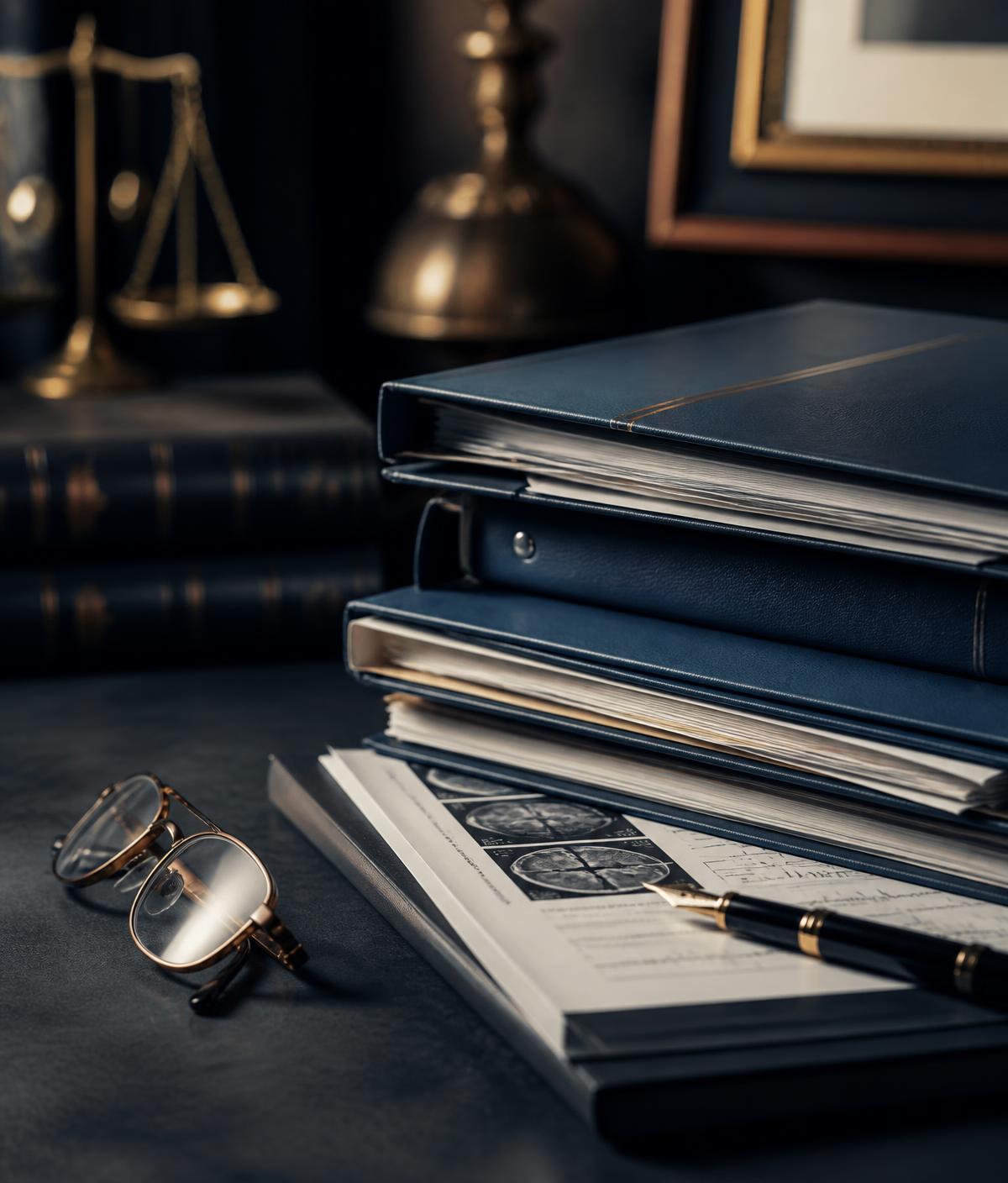 Medical-legal case files and clinical records on a desk